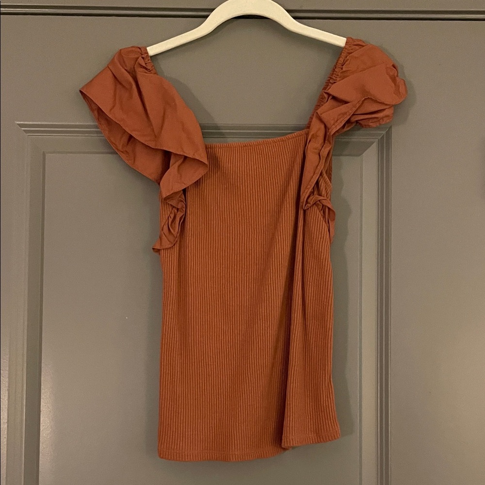 a new day Women's Rust Orange Ruffle Sleeve Top